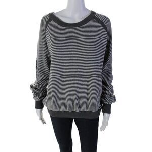 Designer Womens Long Sleeve Striped Tight Knit Sweater Gray Size Large